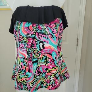 New Directions Neon Swirl with Black Ruffle Tankini Top L Strapless Like New